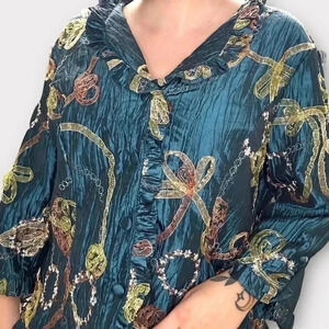 [M]Bellisima Vintage textured crinkle button up embellished  blouse Blazer